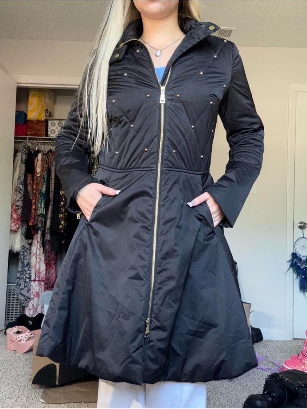 Love Moschino Black Quilted Long-Sleeve Coat with Gold Studs, US Size 6